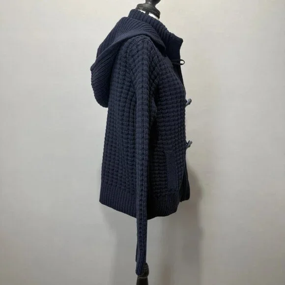 Tommy Hilfiger Waffle Chunky Knit Wool Bld Cardigan Womens L Sweater Collar Hood - Picture 2 of 11